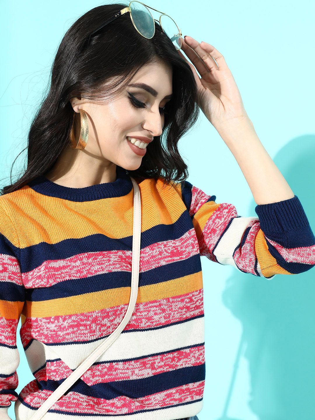 DressBerry Women Stylish Mustard Striped Knitted Sweater Price in India