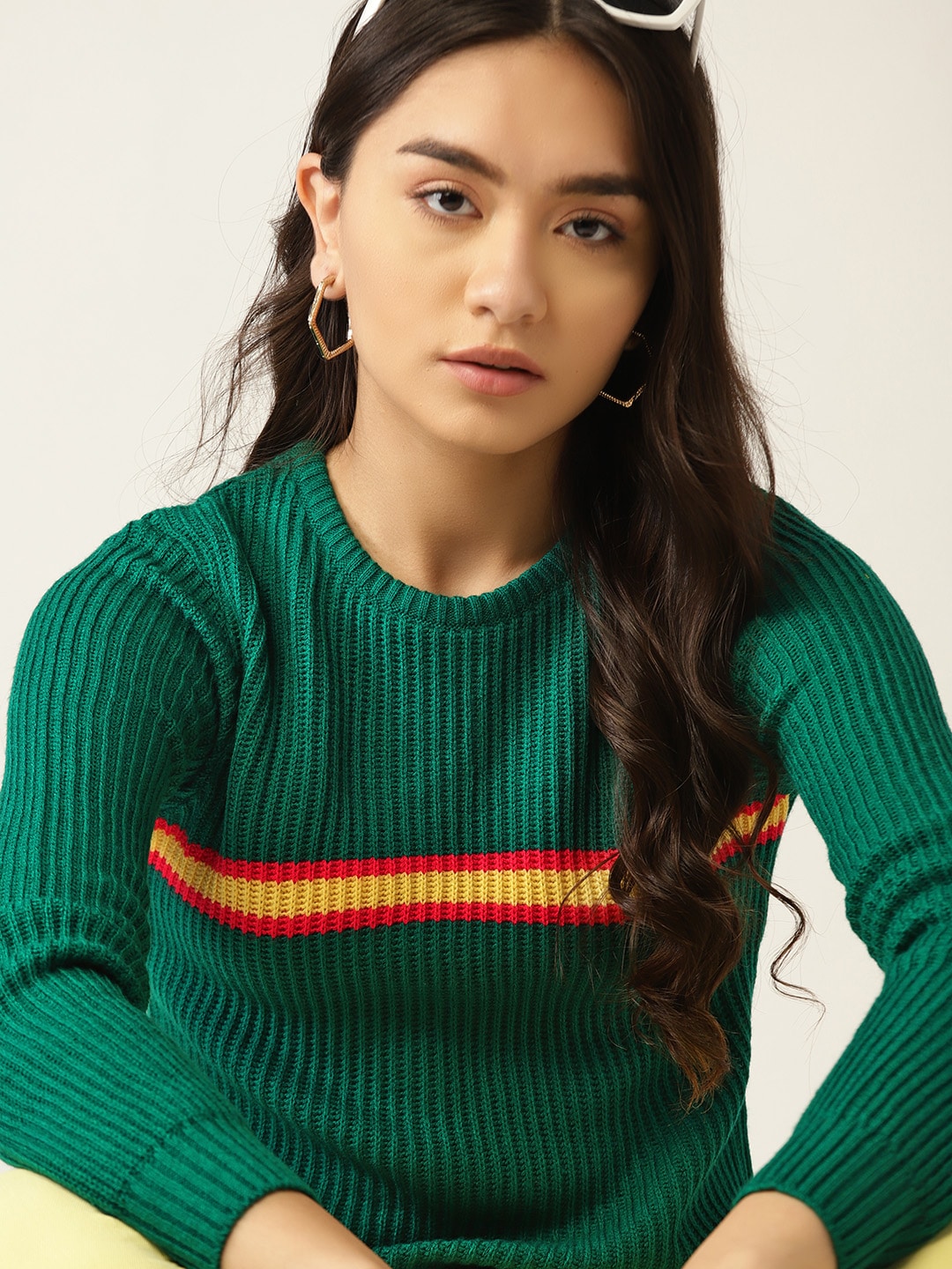 DressBerry Women Green Striped Ribbed Pullover Price in India