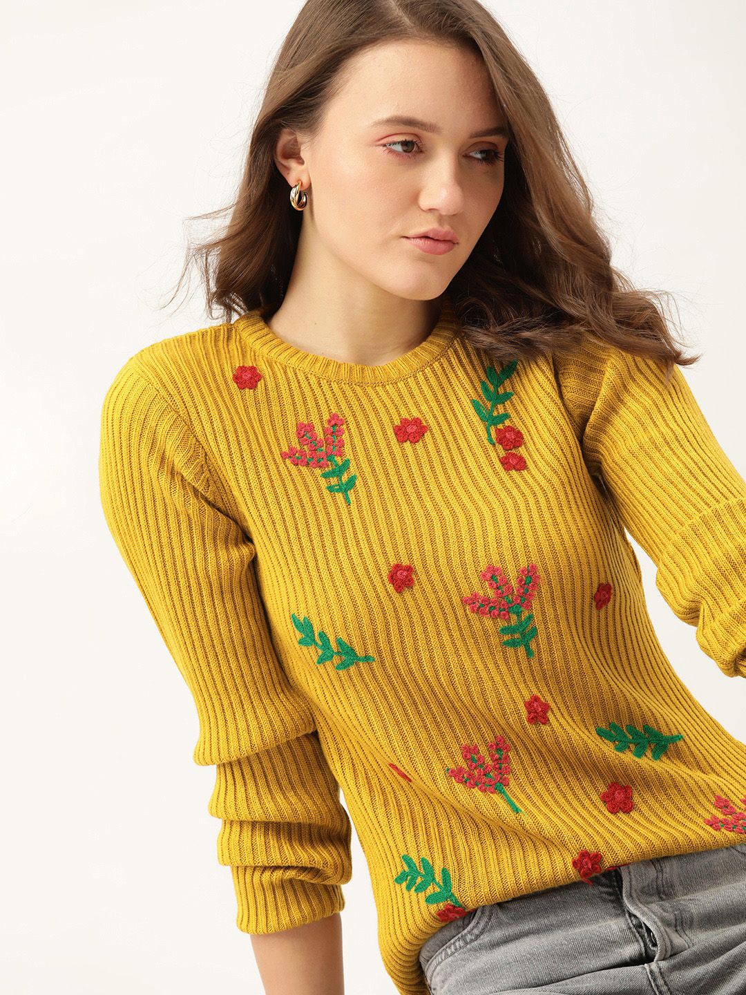 DressBerry Women Mustard Yellow & Red Ribbed Floral Embroidered Pullover Price in India