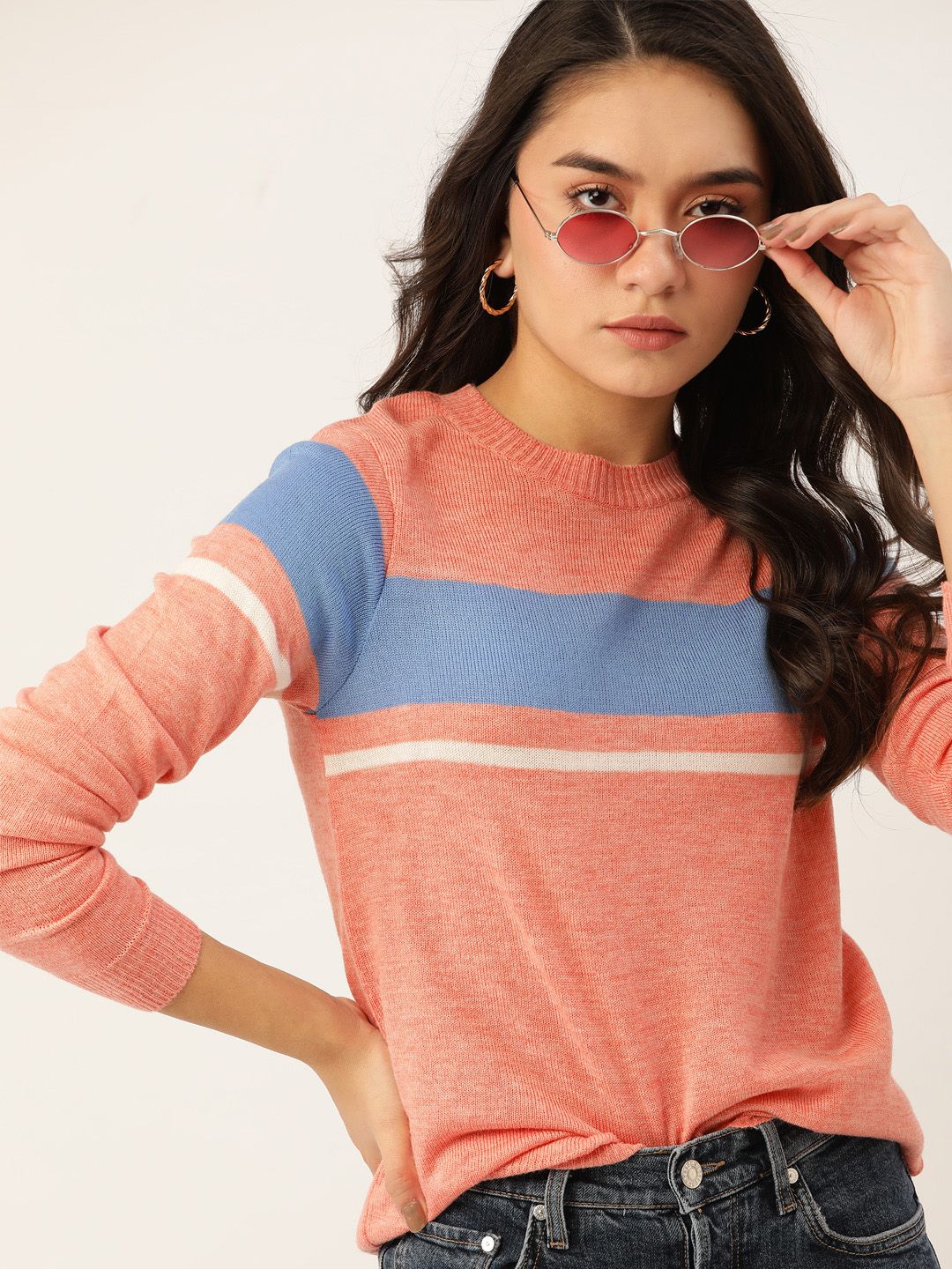 DressBerry Women Peach-Coloured & Blue Striped Pullover Price in India