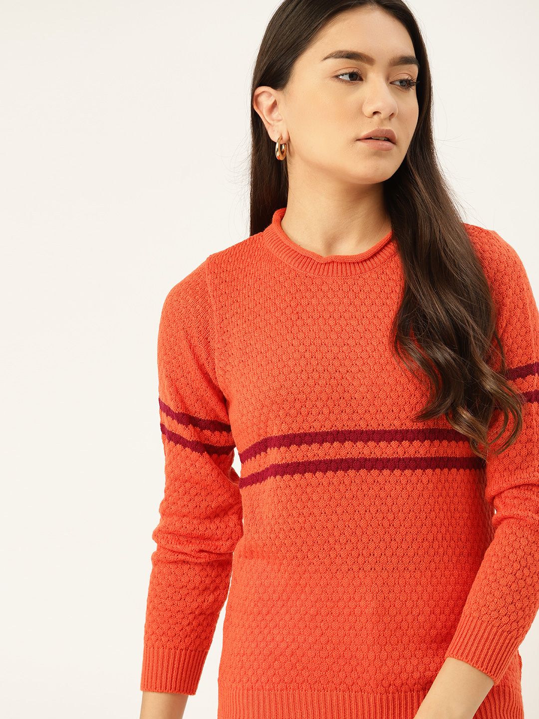 DressBerry Women Orange Self-Design Pullover Price in India