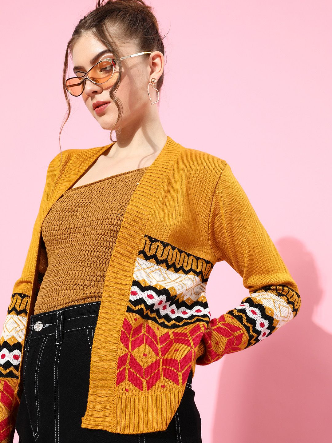 DressBerry Woman Stylish Mustard Geometric Fair Isle Sweater Price in India