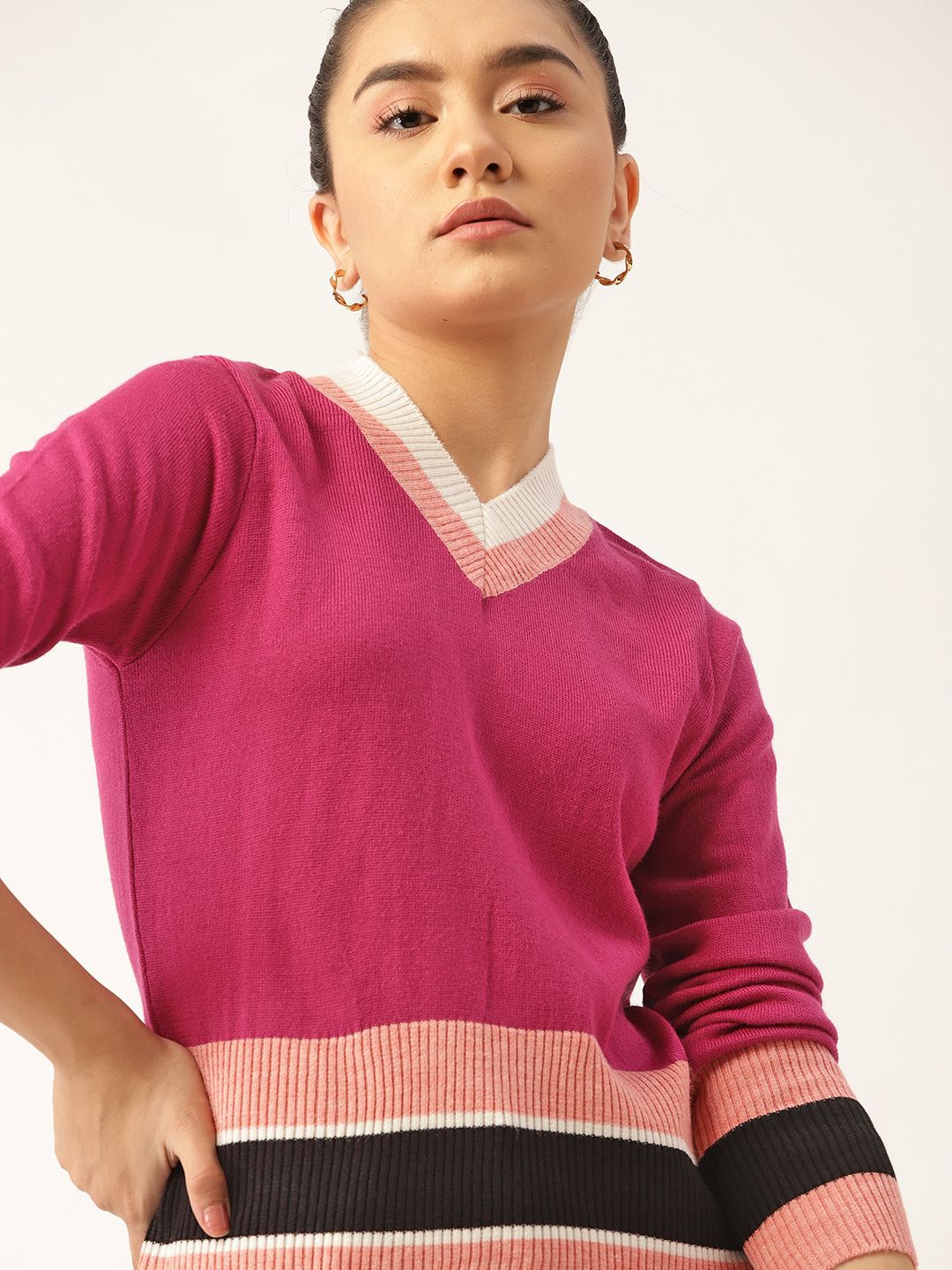 DressBerry Women Magenta & Black Striped Pullover Price in India