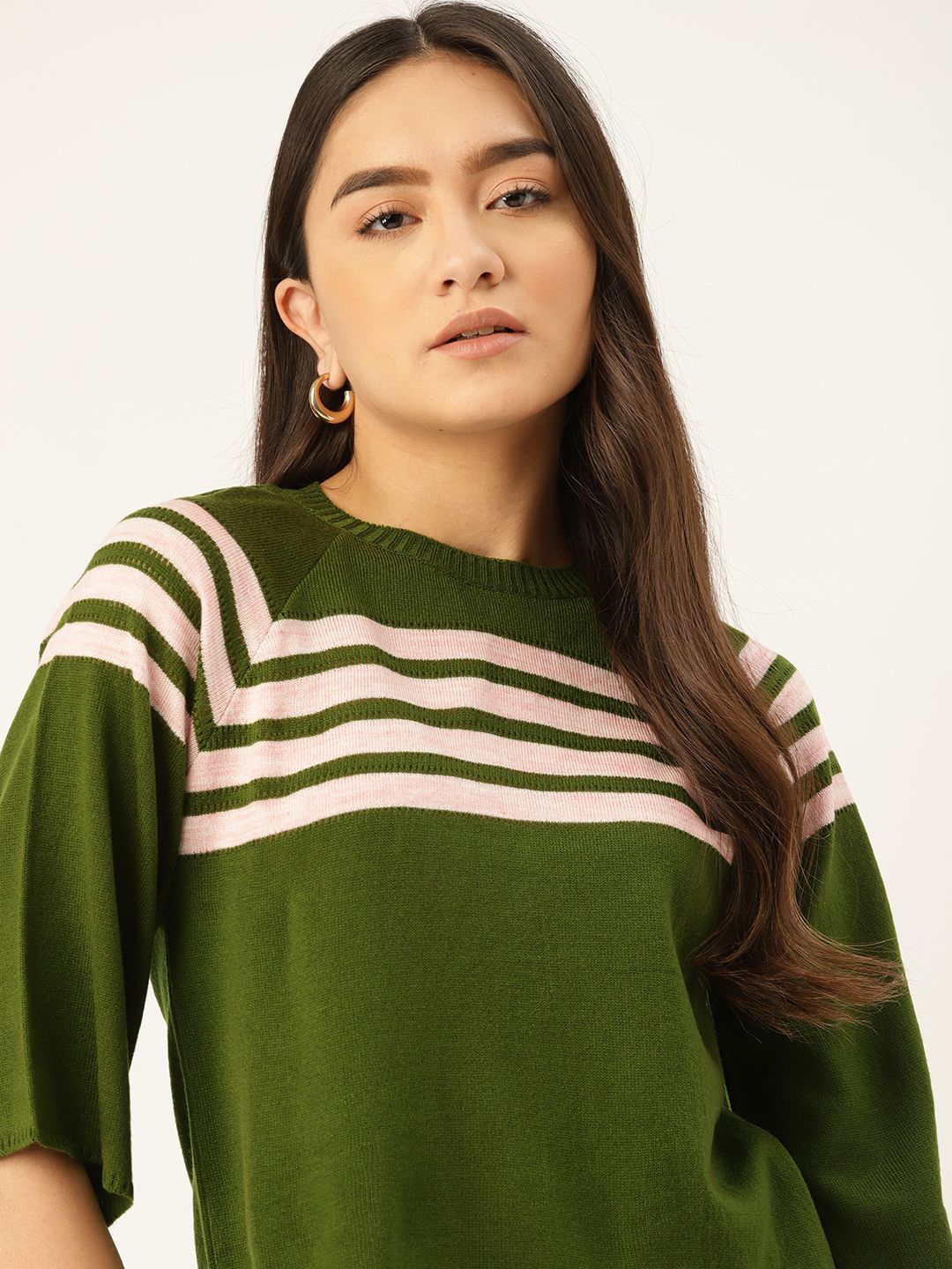 DressBerry Women Green & Cream-Coloured Striped Pullover Price in India