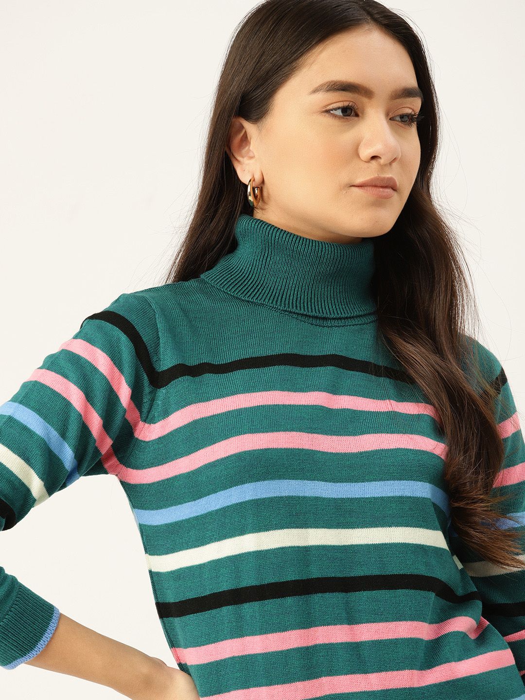 DressBerry Women Green & Pink Striped Pullover Price in India
