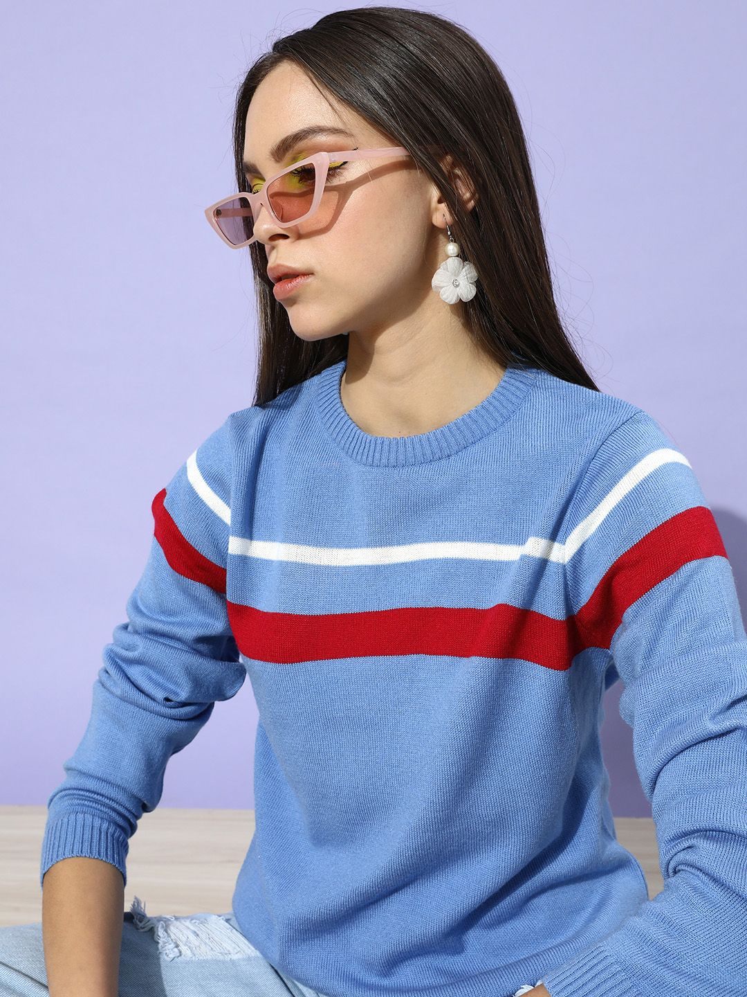 DressBerry Women Stunning Blue Striped Knitted Sweater Price in India