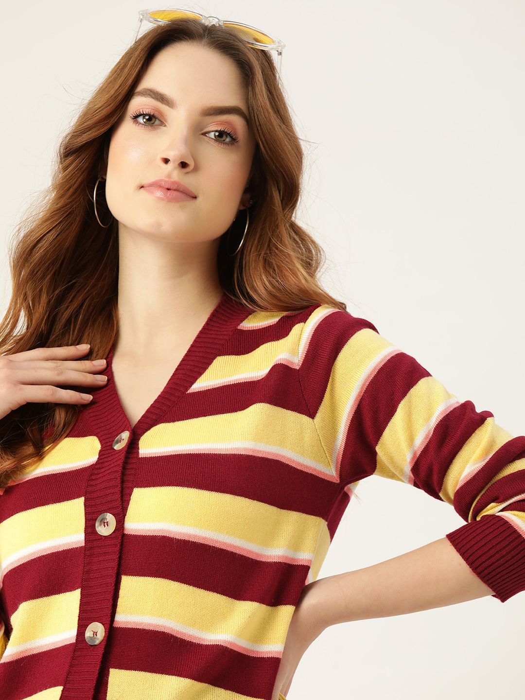 DressBerry Women Maroon & Yellow Striped Front Open Sweater Price in India