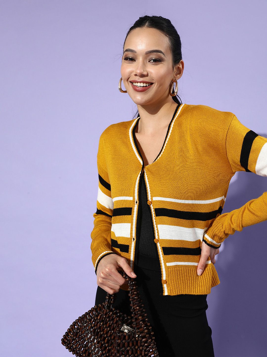 DressBerry Women Mustard Striped Acrylic Sweater Price in India