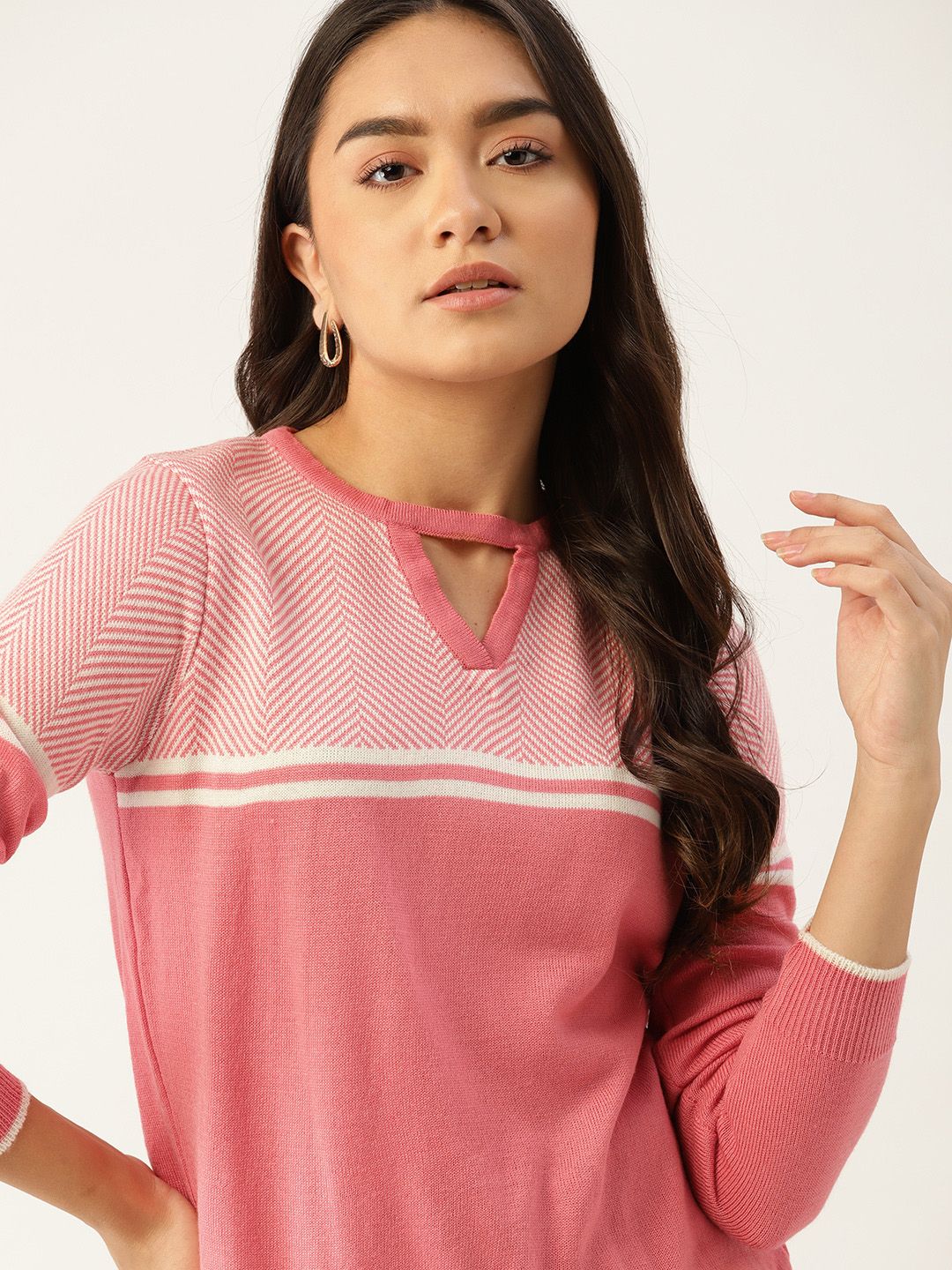 DressBerry Women Pink & White Colourblocked Pullover Price in India