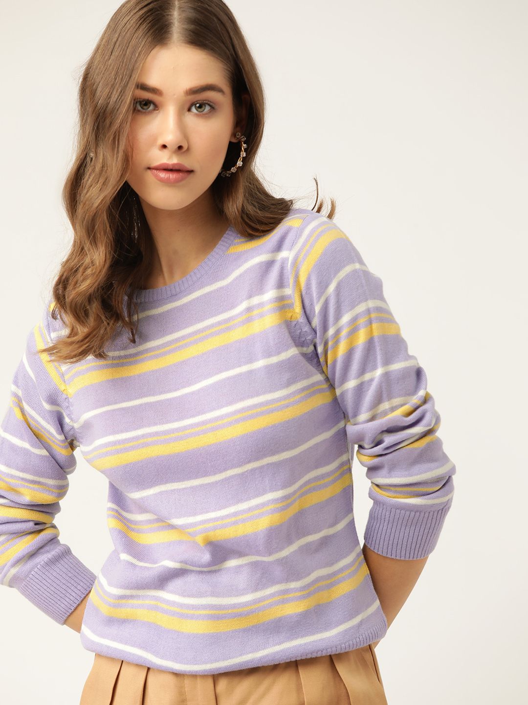 DressBerry Women Lavender & Yellow Striped Pullover Price in India