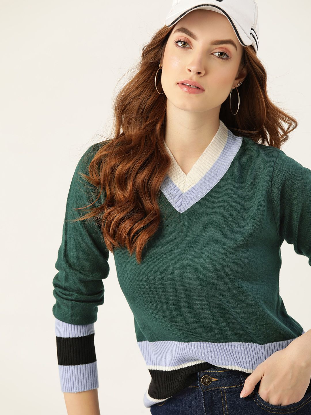 DressBerry Women Green & Blue Colourblocked Pullover Price in India