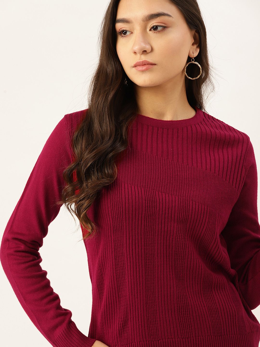 DressBerry Women Maroon Self-Striped Pullover Price in India