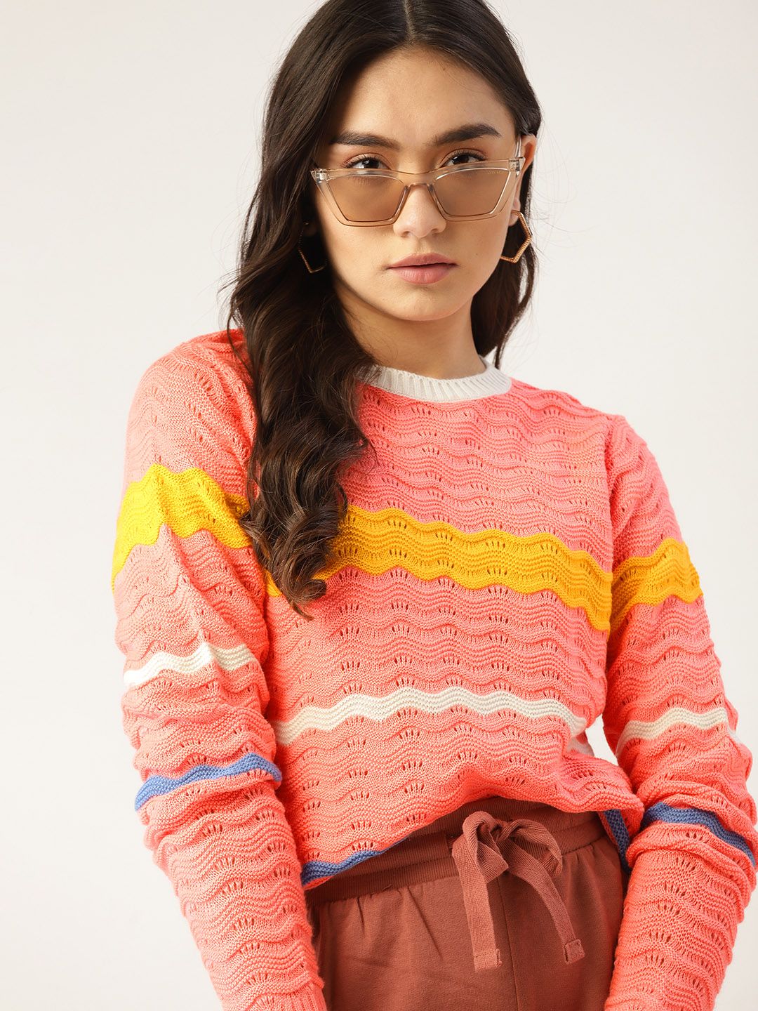 DressBerry Women Pink & Yellow Striped Pullover Price in India