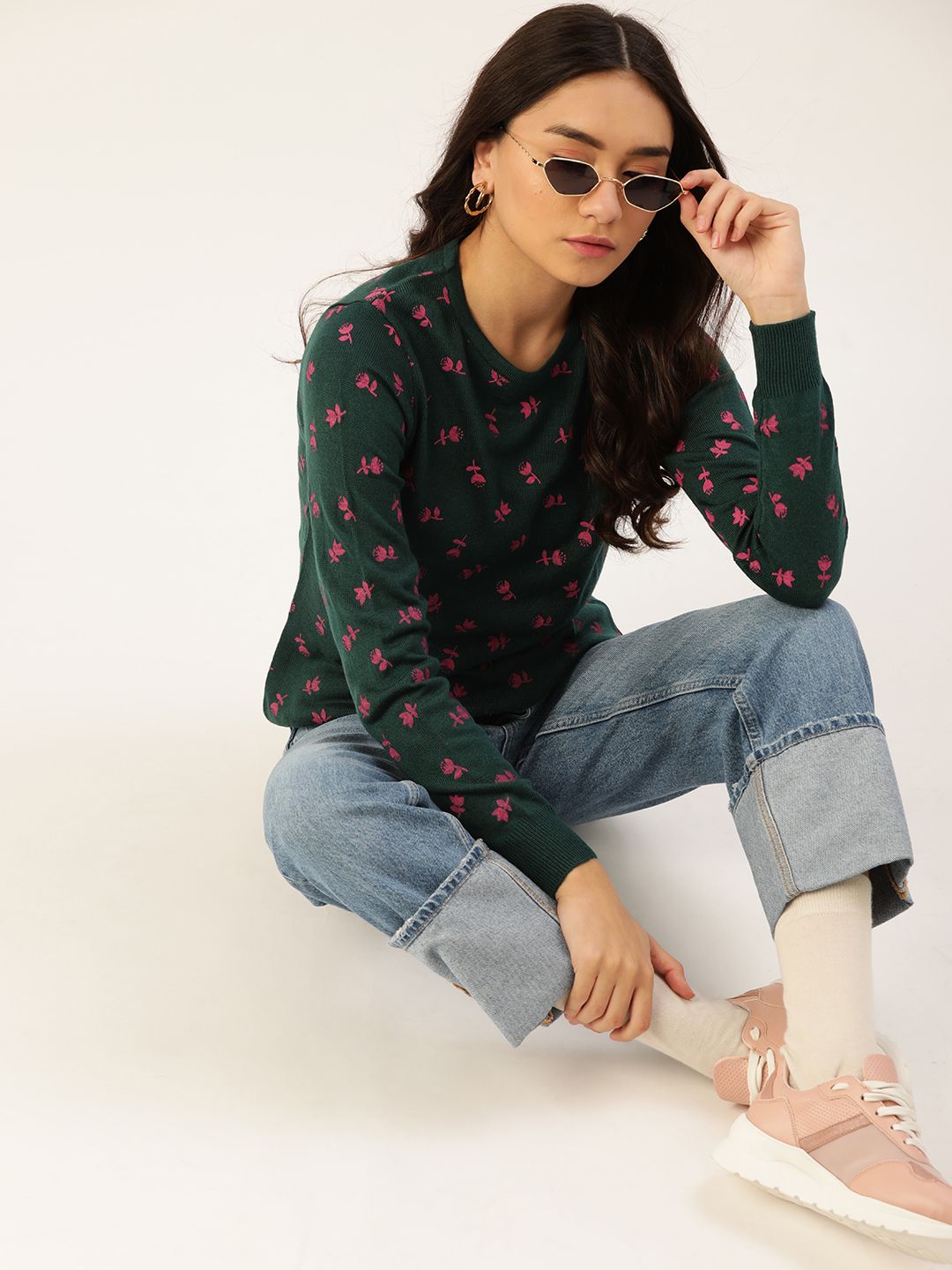 DressBerry Women Green & Pink Floral Printed Pullover Price in India