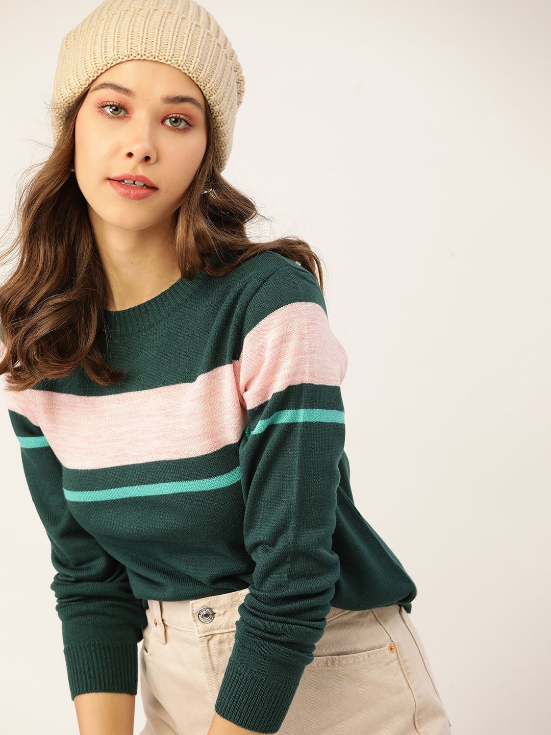 DressBerry Women Green & Pink Striped Pullover Price in India