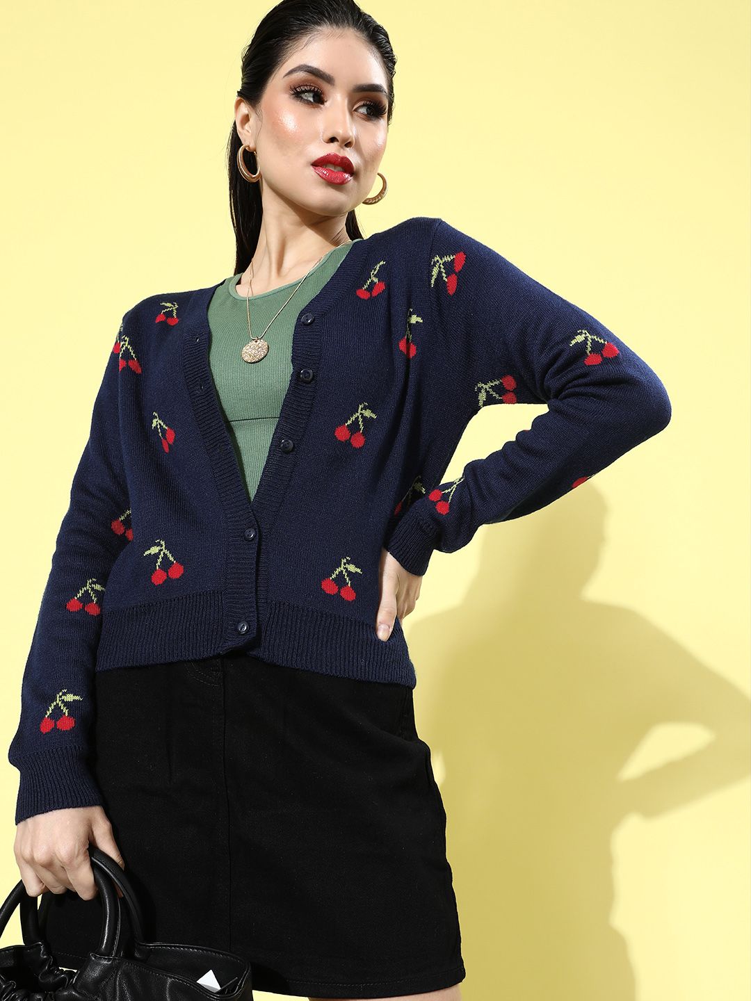 DressBerry Woman Deep Navy Blue Conversational Knitted Sweater Price in India