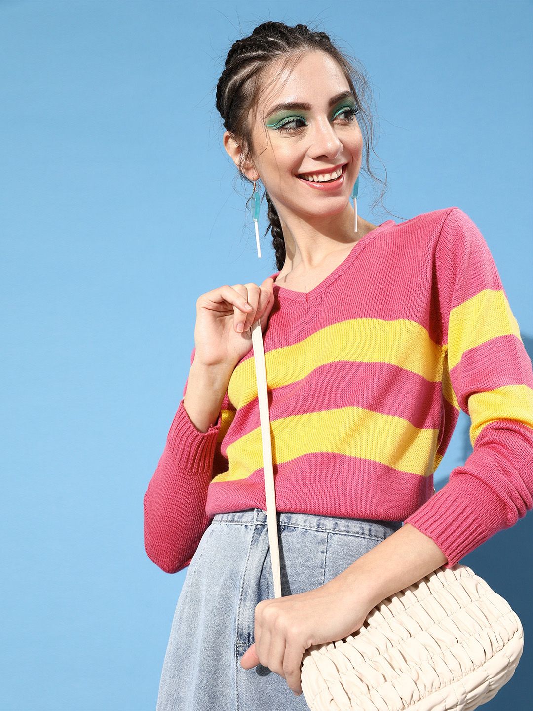 DressBerry Women Pink Striped Knitted Sweater Price in India