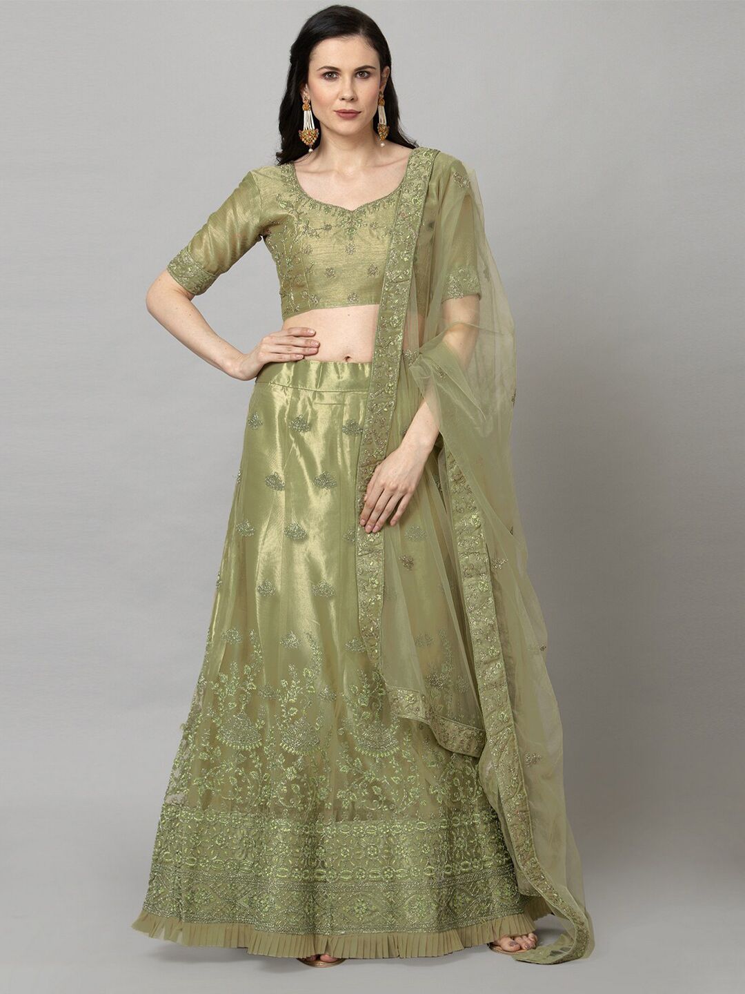 Satrani Green Embroidered Semi-Stitched Lehenga & Blouse with Dupatta Price in India