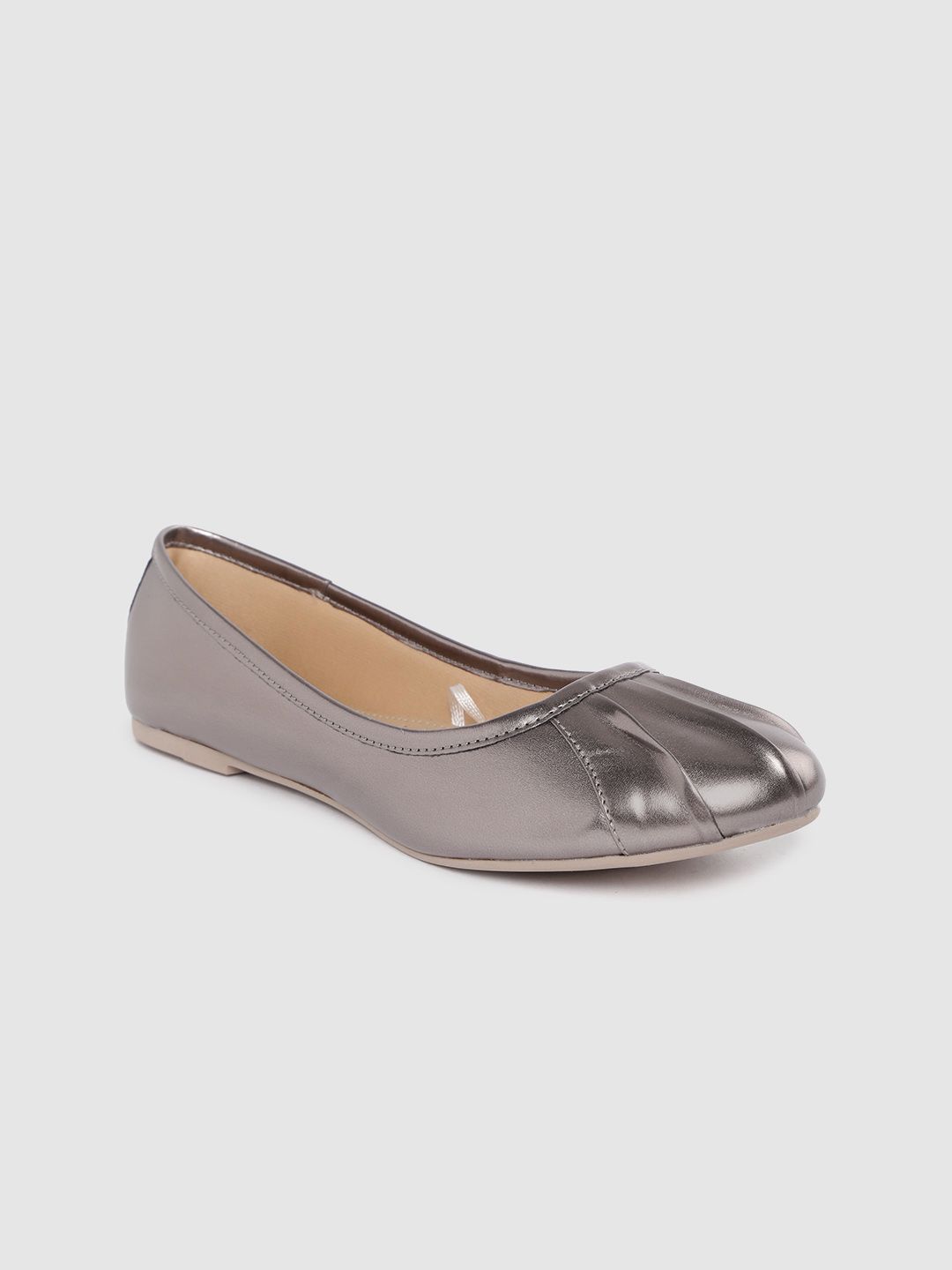 Carlton London Women Gunmetal-Toned Ballerinas with Pleated Design