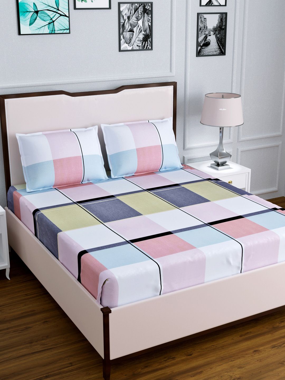 DREAM WEAVERZ Pink & Grey Geometric Glazed Cotton 220 TC King Bedsheet with 2 Pillow Covers Price in India