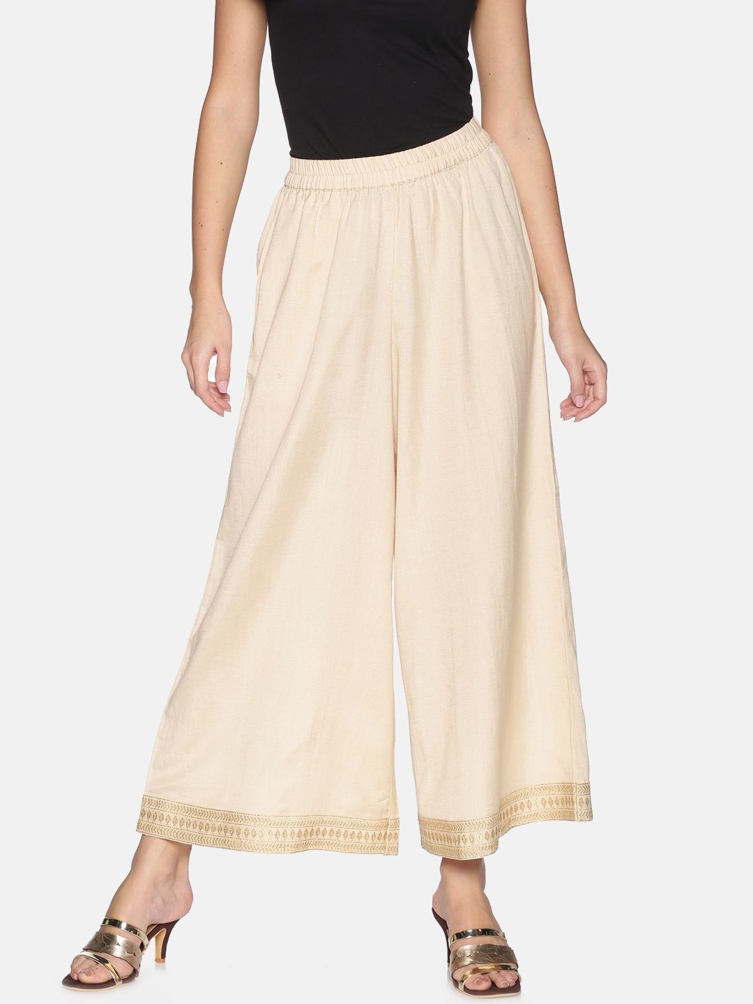 Saffron Threads Women Beige & Golden Hem Design Wide Leg Palazzos Price in India