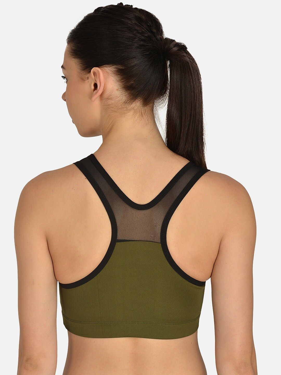 mod & shy Olive Green & Black Solid Non-Wired Lightly Padded Workout Bra MS275 Price in India