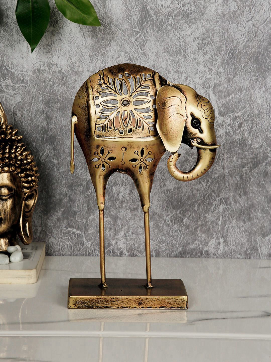 CraftVatika Gold-Toned Elephant Tea Light Candle Holder Showpiece Price in India