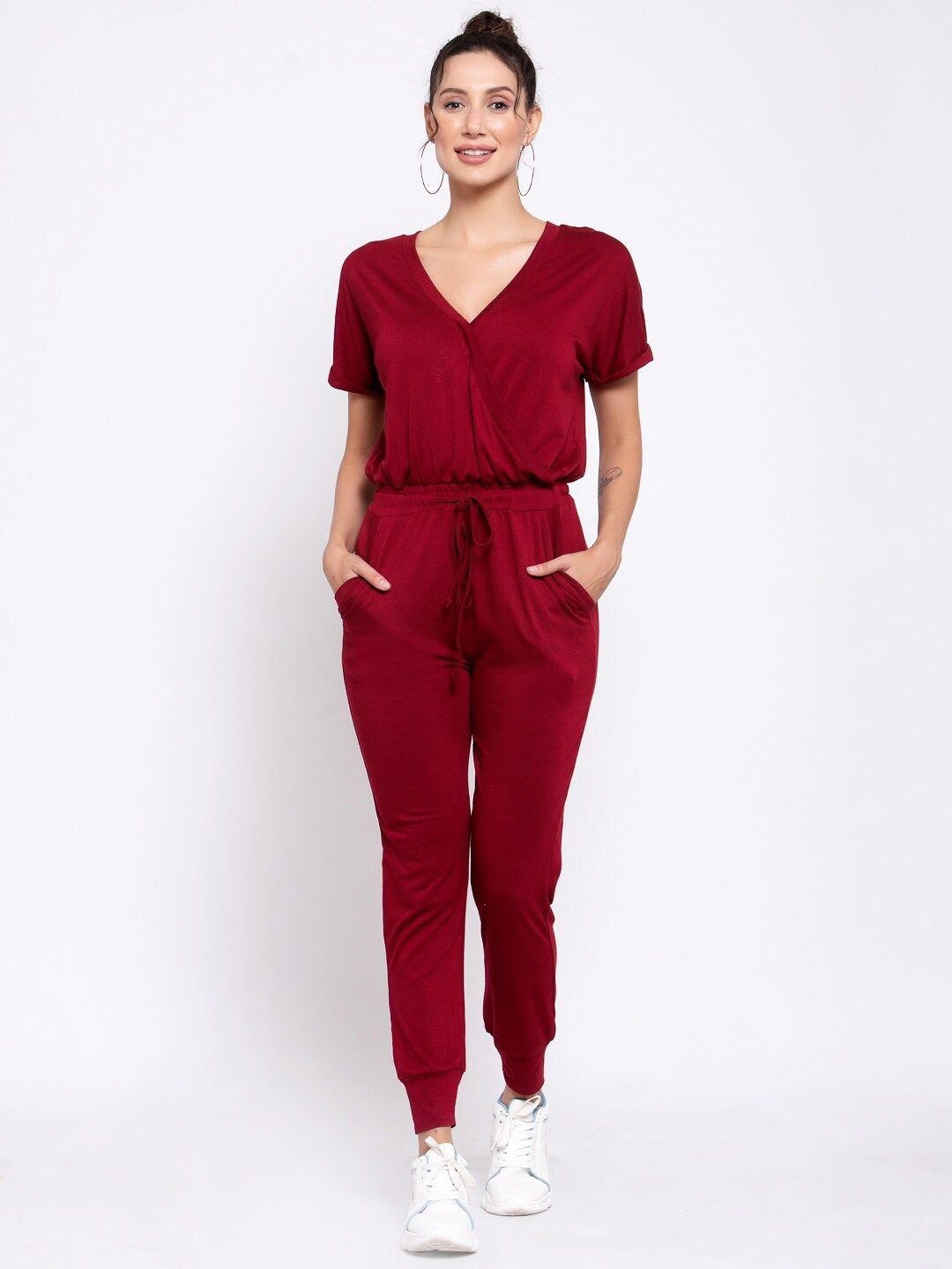iki chic Women Maroon Solid Basic Wrapover Jumpsuit Price in India