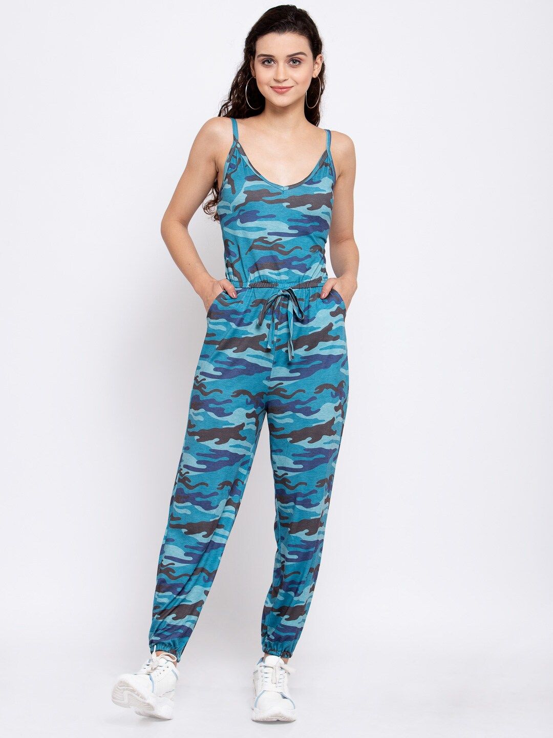 iki chic Women Blue & Grey Camouflage Printed Basic Jumpsuit Price in India