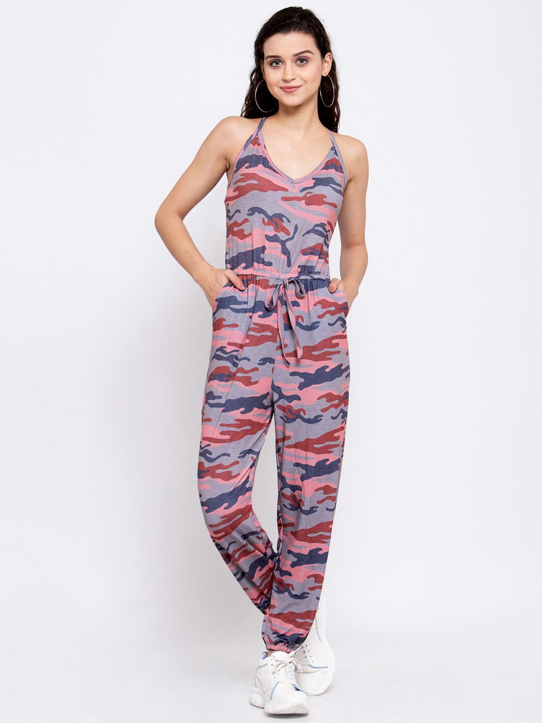 iki chic Women Grey & Peach-Coloured Printed Basic Jumpsuit Price in India