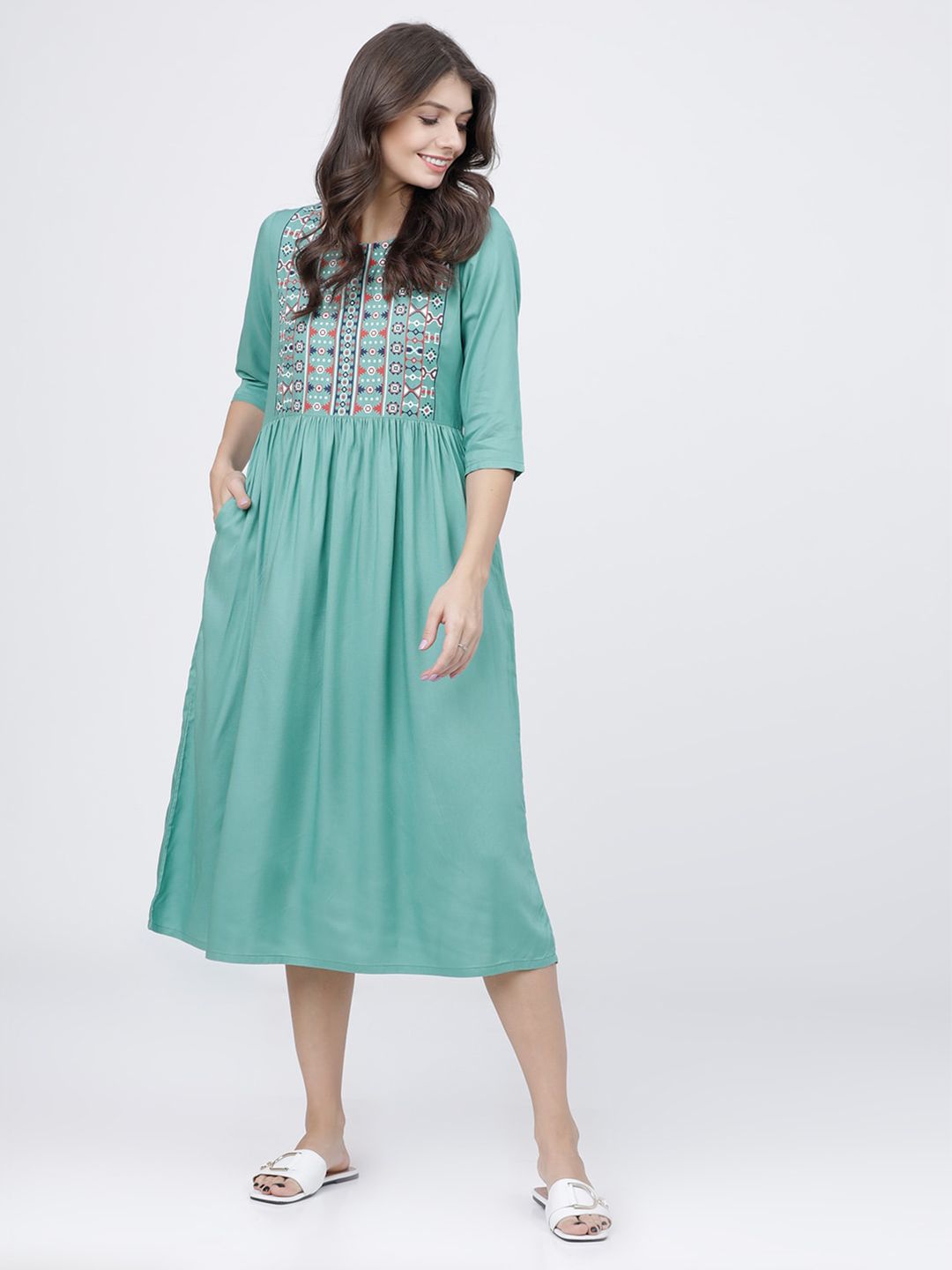 Vishudh Women Teal Printed A-Line Dress