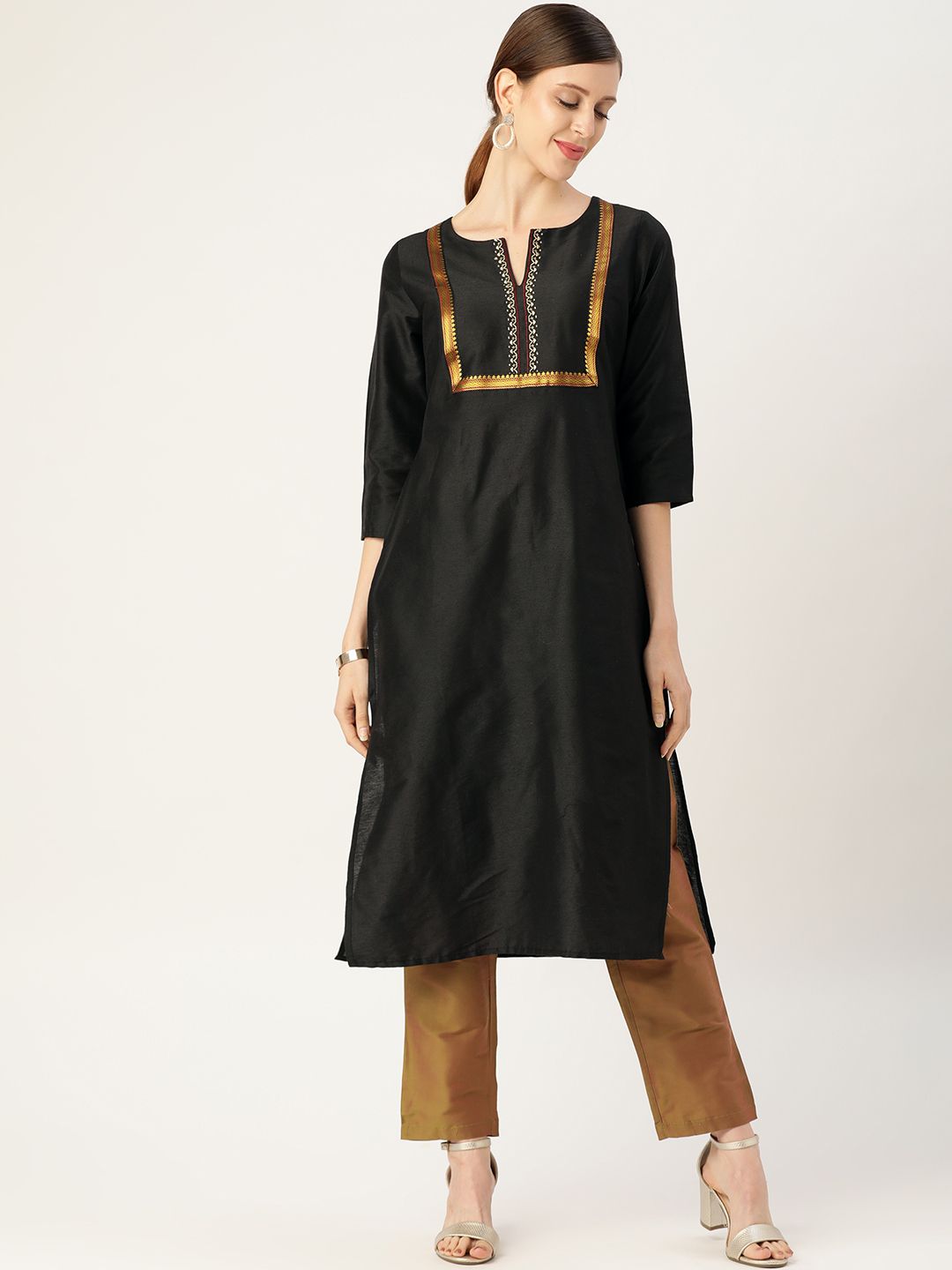 all about you Women Black & Golden Geometric Yoke Design Kurta