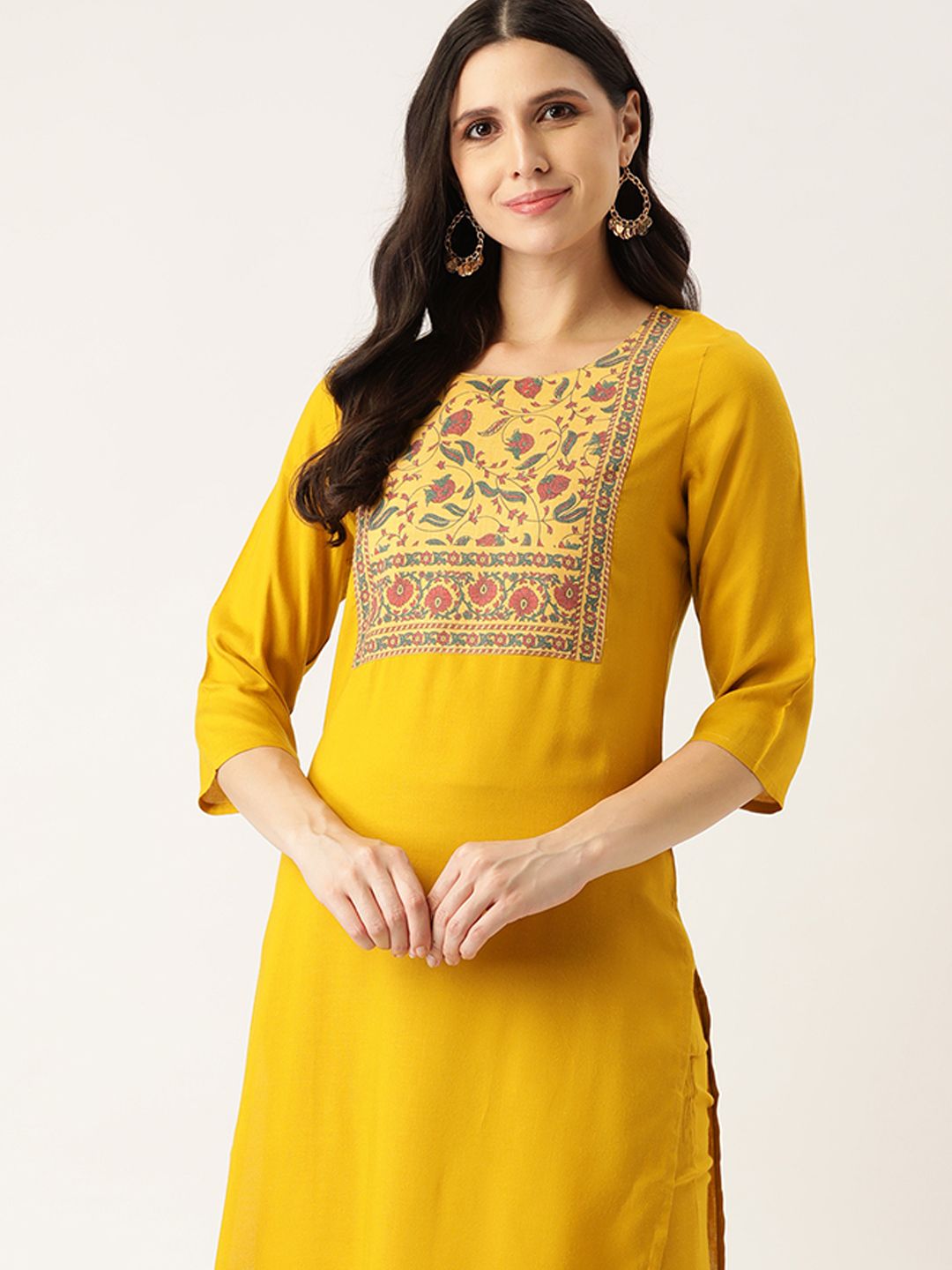 all about you Women Mustard Yellow Ethnic Motifs Yoke Design Straight Kurta Set Price in India