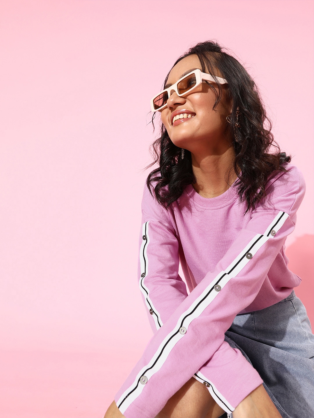 DressBerry Women Lavender Solid Drop-Shoulder Sleeves Sweatshirt Price in India