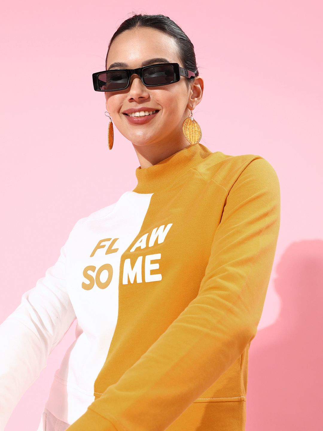 DressBerry Women Stylish Mustard Colourblocked Quirky Outerwear Sweatshirt Price in India