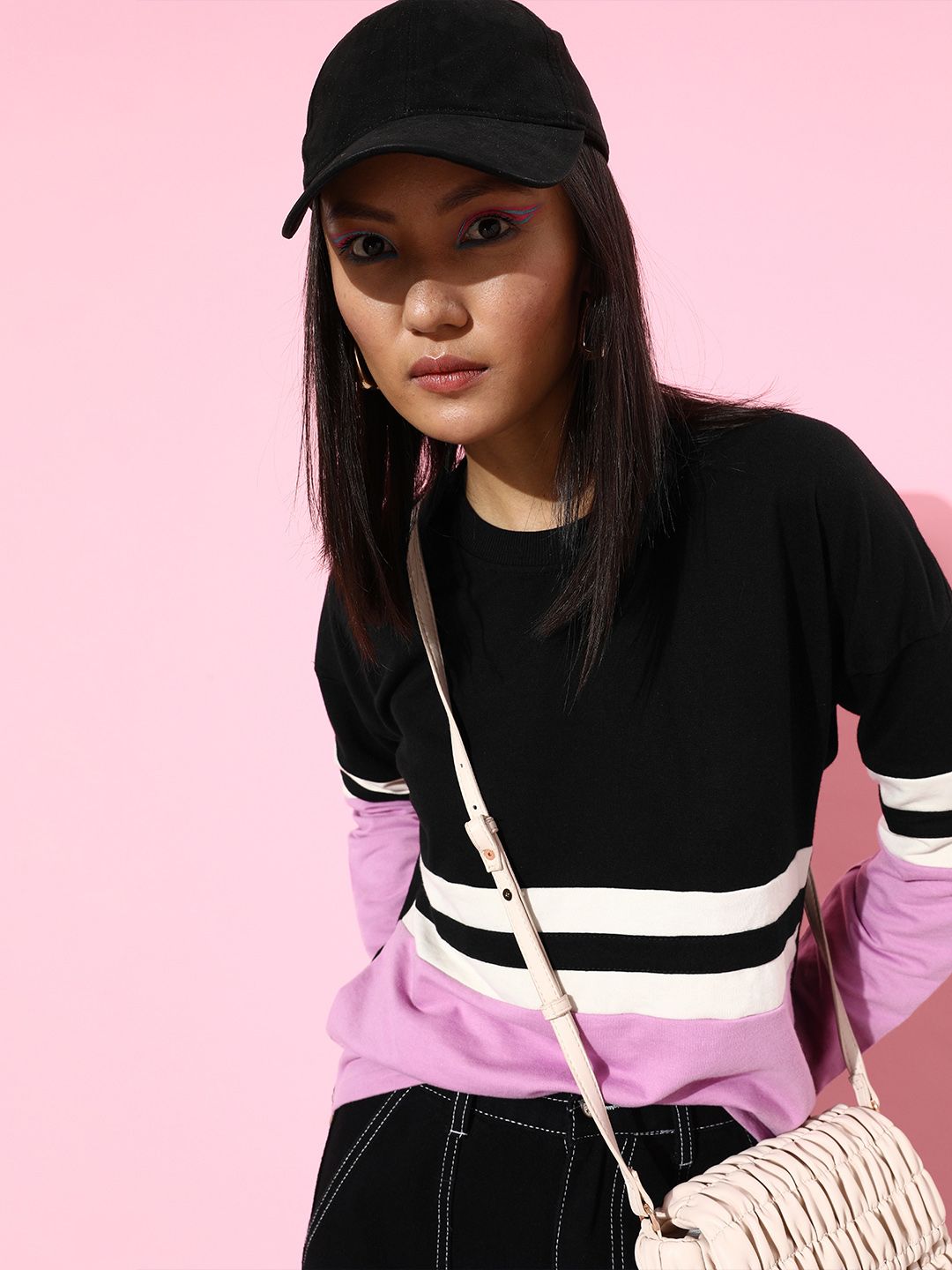 DressBerry Women Black Colourblocked Drop-Shoulder Sleeves Sweatshirt Price in India