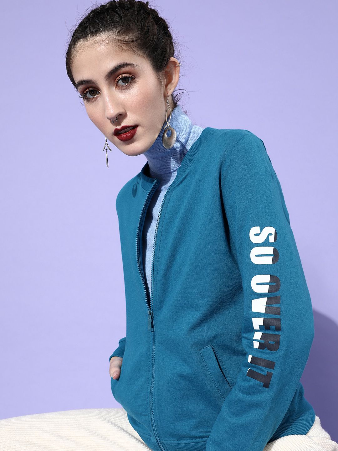 DressBerry Women Blue Solid Quirky Sweatshirt Price in India