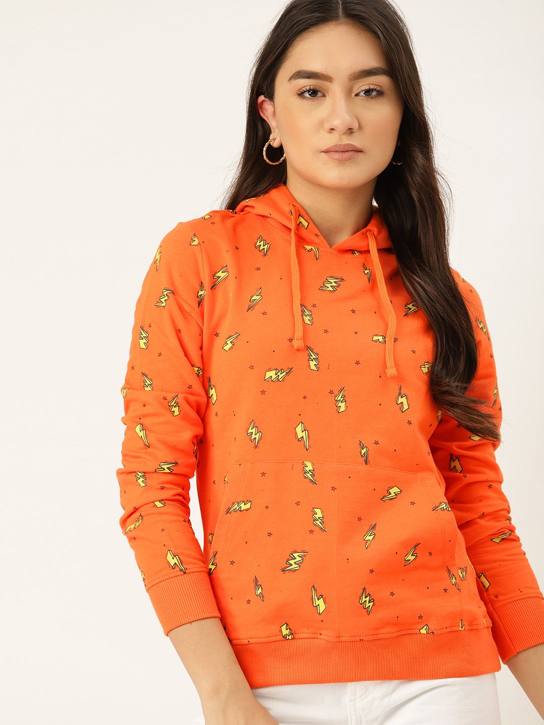 DressBerry Women Orange & Yellow Pure Cotton Printed Hooded Sweatshirt Price in India