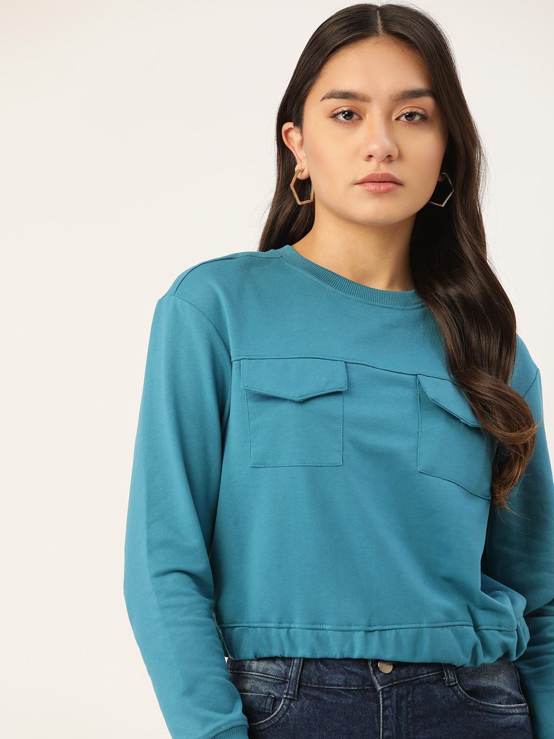 DressBerry Women Teal Blue Solid Sweatshirt Price in India