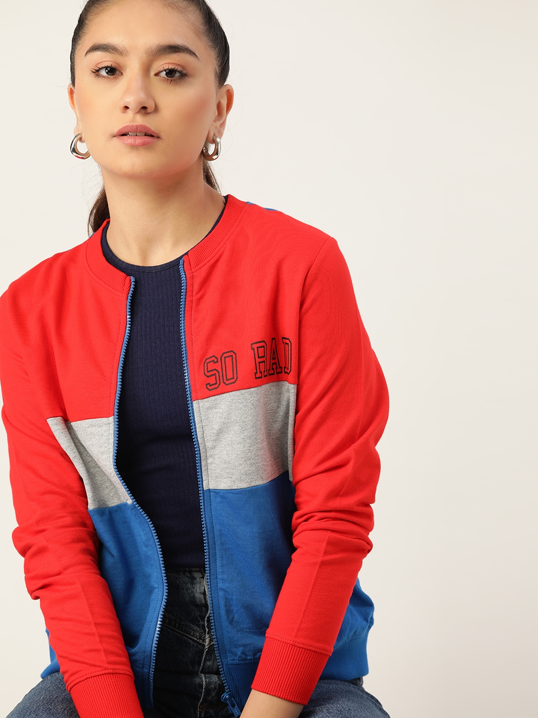 DressBerry Women Navy Blue & Red Pure Cotton Colourblocked Sweatshirt Price in India