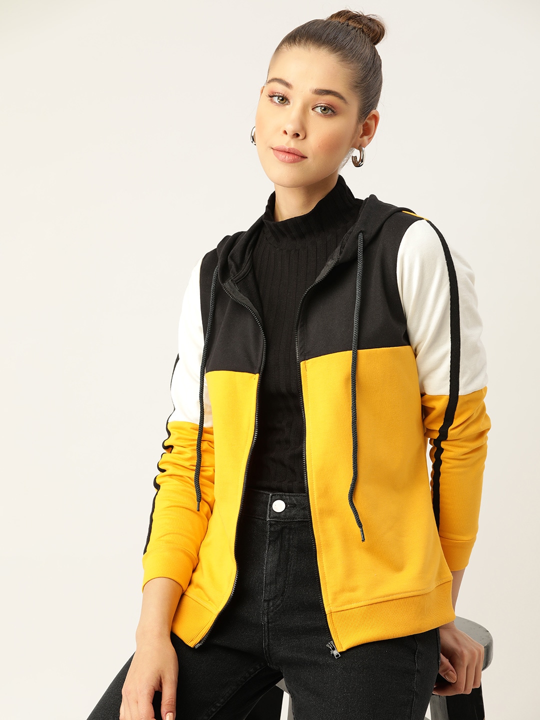 DressBerry Women Yellow & Black Colourblocked Hooded Sweatshirt Price in India