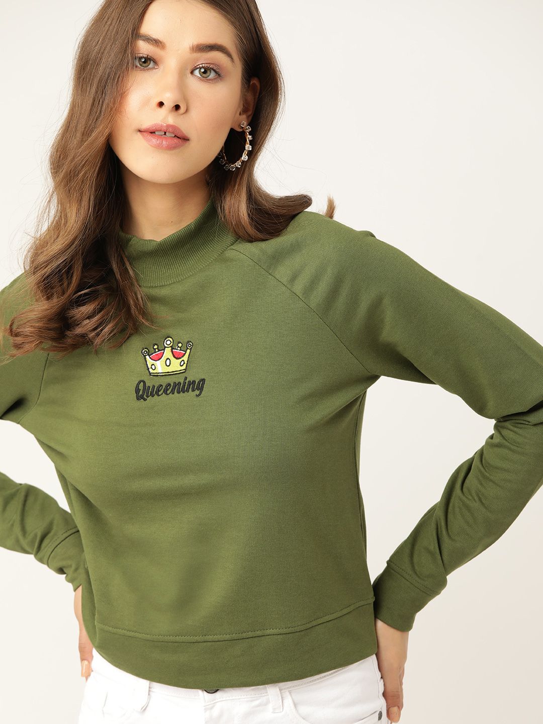 DressBerry Women Olive Green Solid Sweatshirt With Applique Detail Price in India
