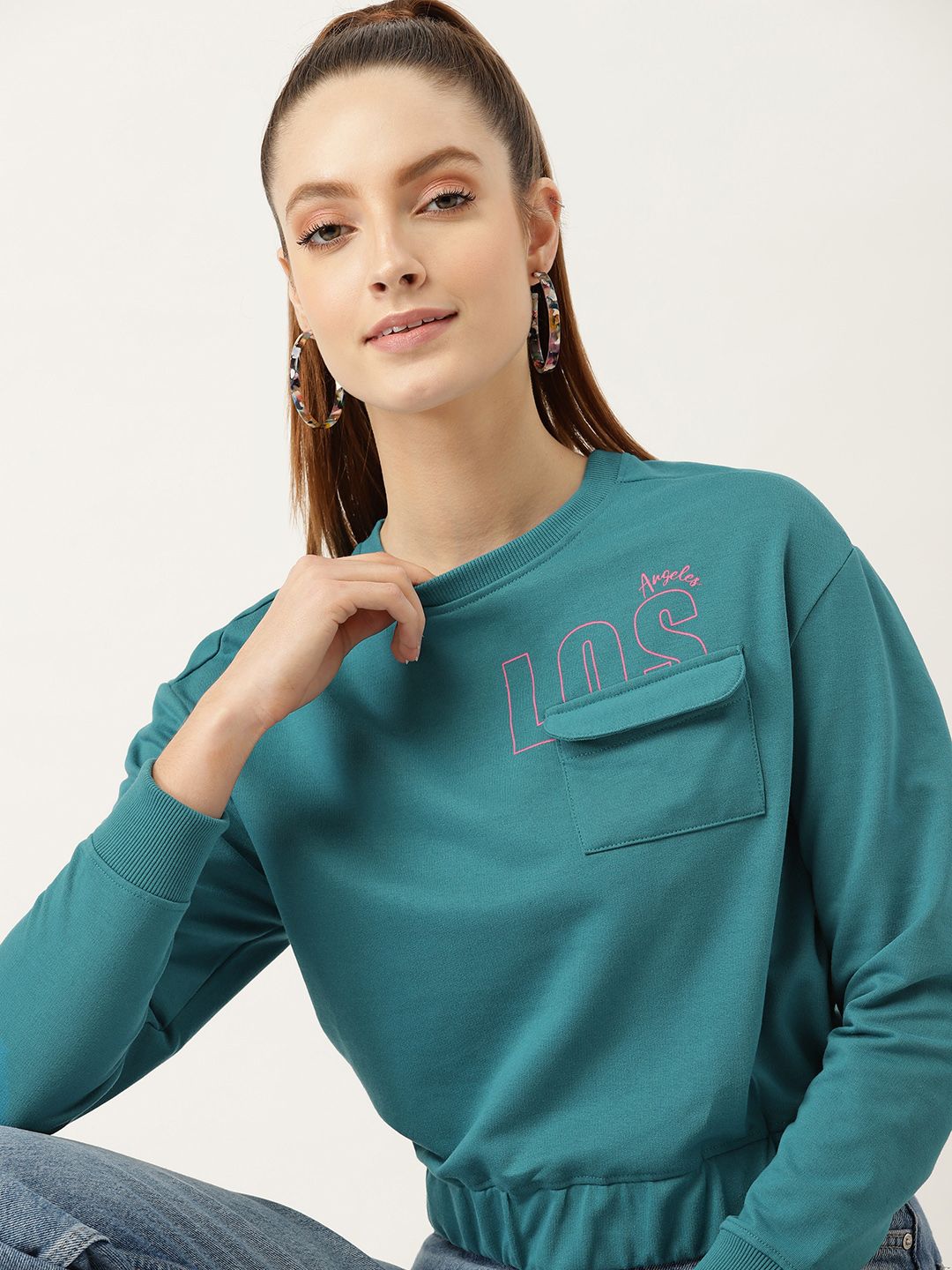 DressBerry Women Teal Green Solid Sweatshirt With Printed Detail Price in India