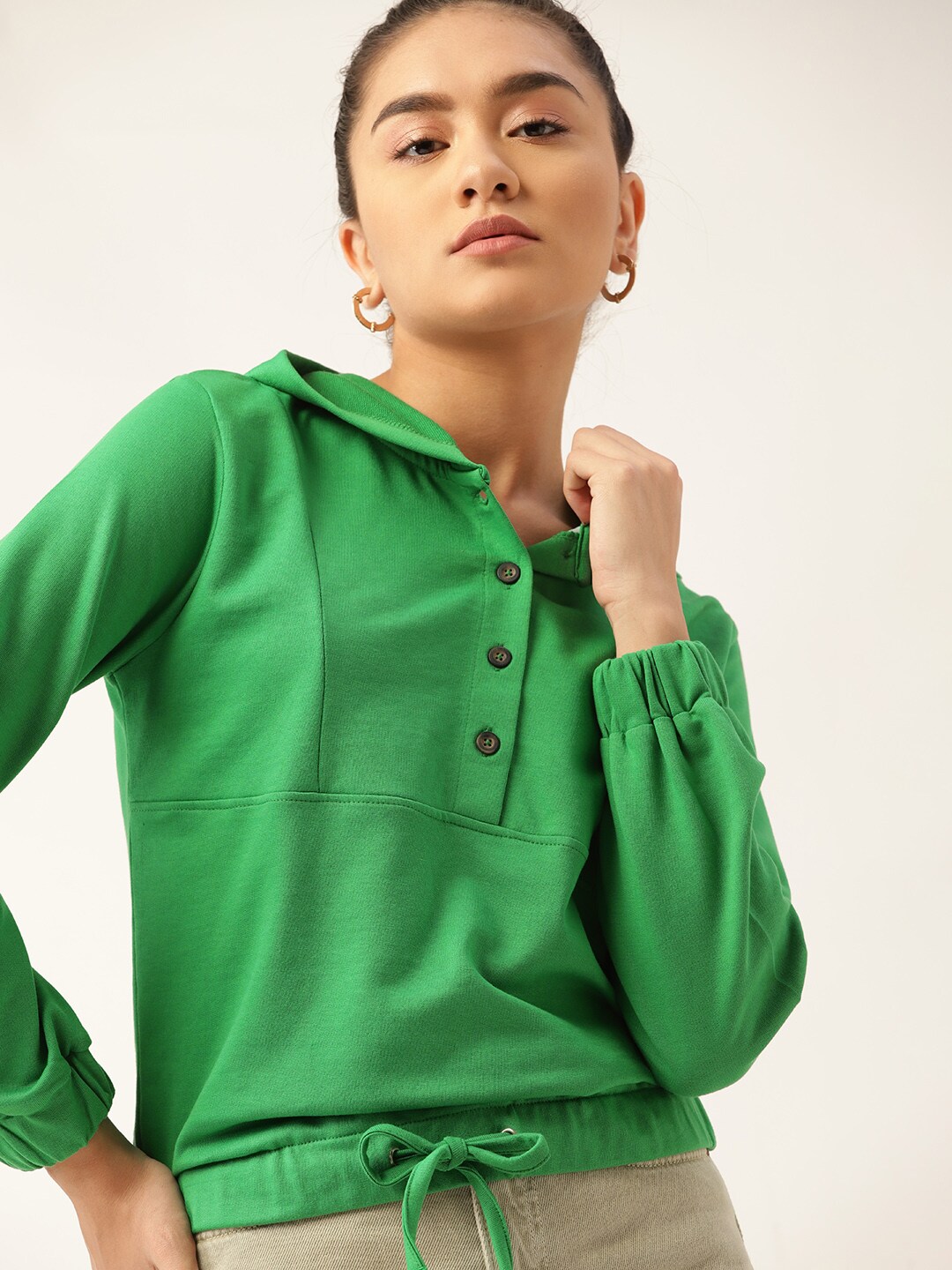 DressBerry Women Green Solid Hooded Sweatshirt Price in India