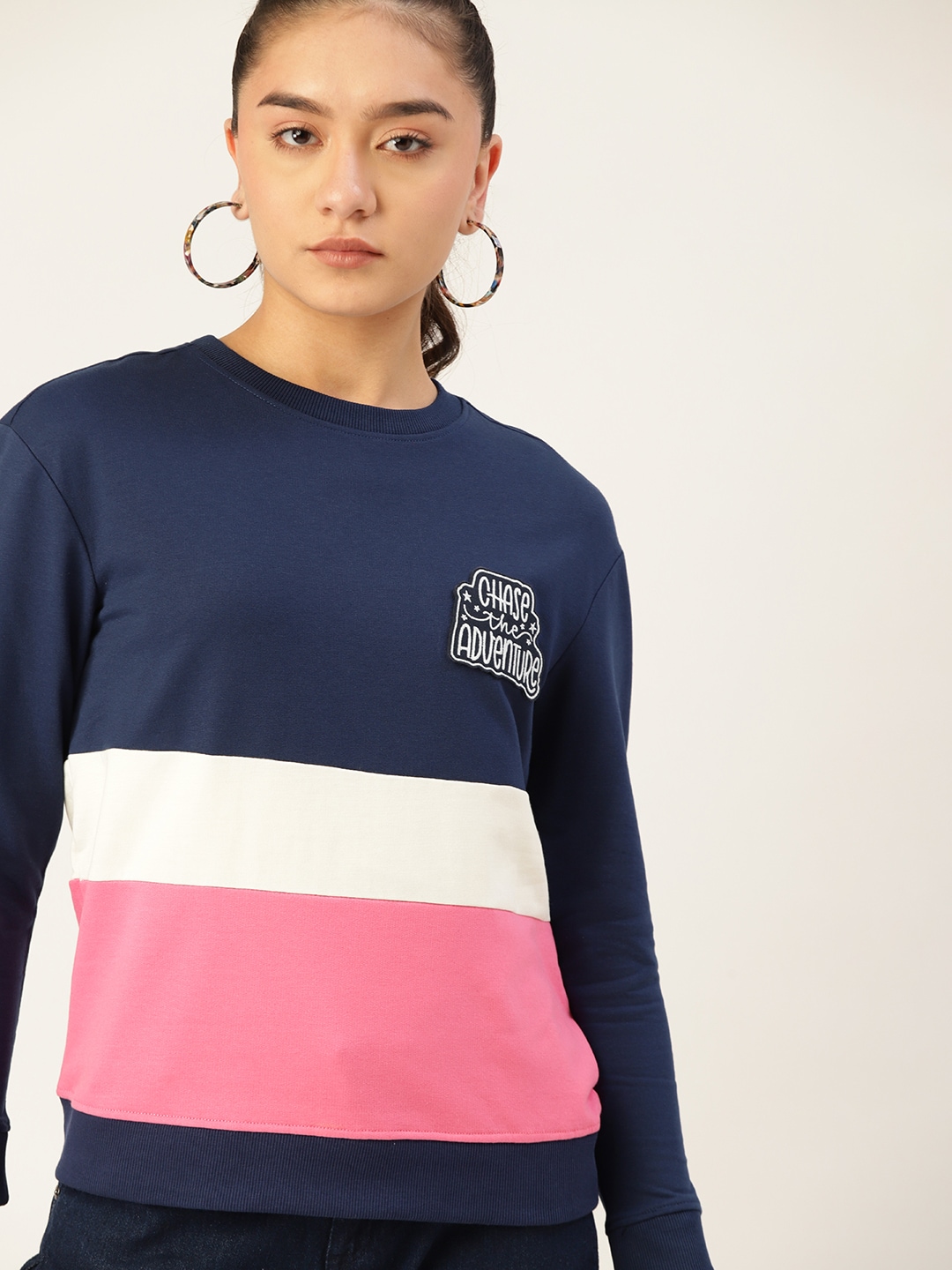 DressBerry Women Navy Blue & Pink Colourblocked Sweatshirt Price in India