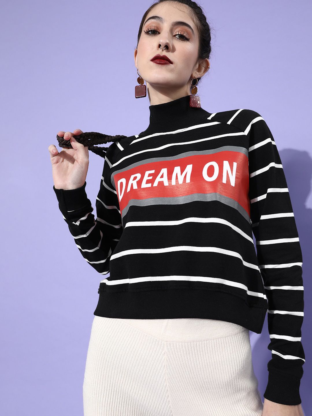 DressBerry Women Black Striped Quirky Sweatshirt Price in India