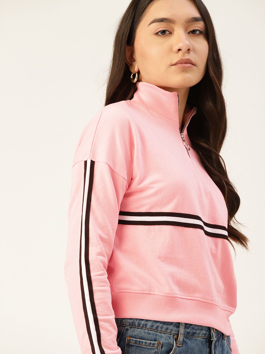 DressBerry Women Pink Solid Half Zipper Sweatshirt with Side Taping Detail Price in India