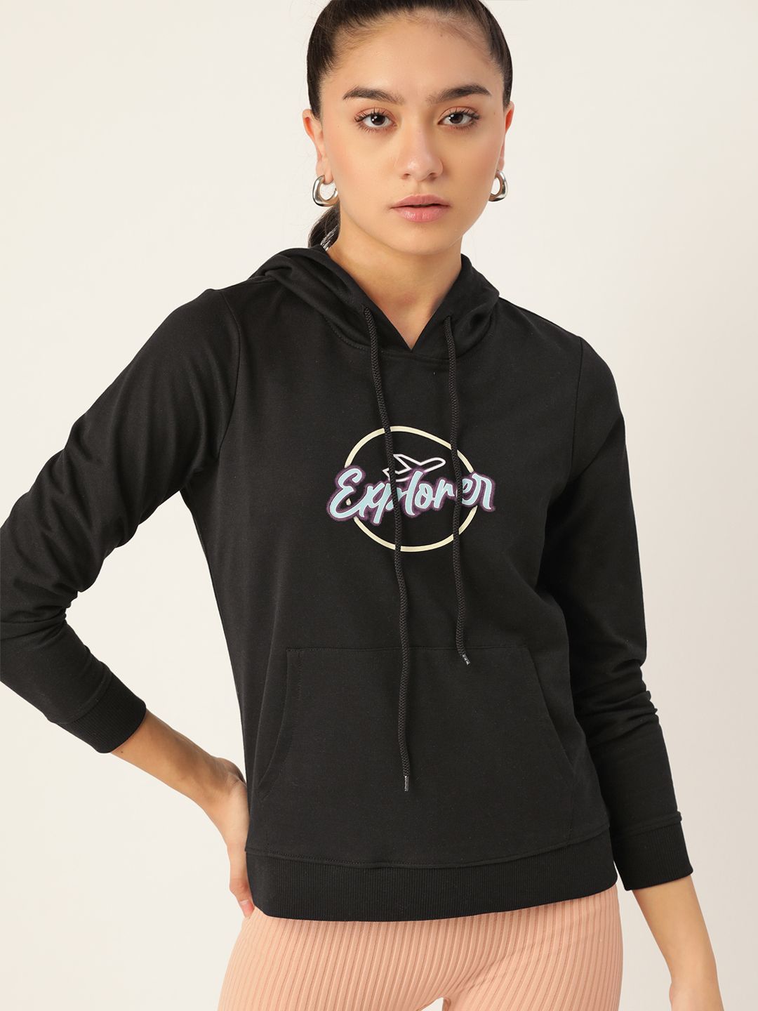 DressBerry Women Black Printed Hooded Sweatshirt Price in India