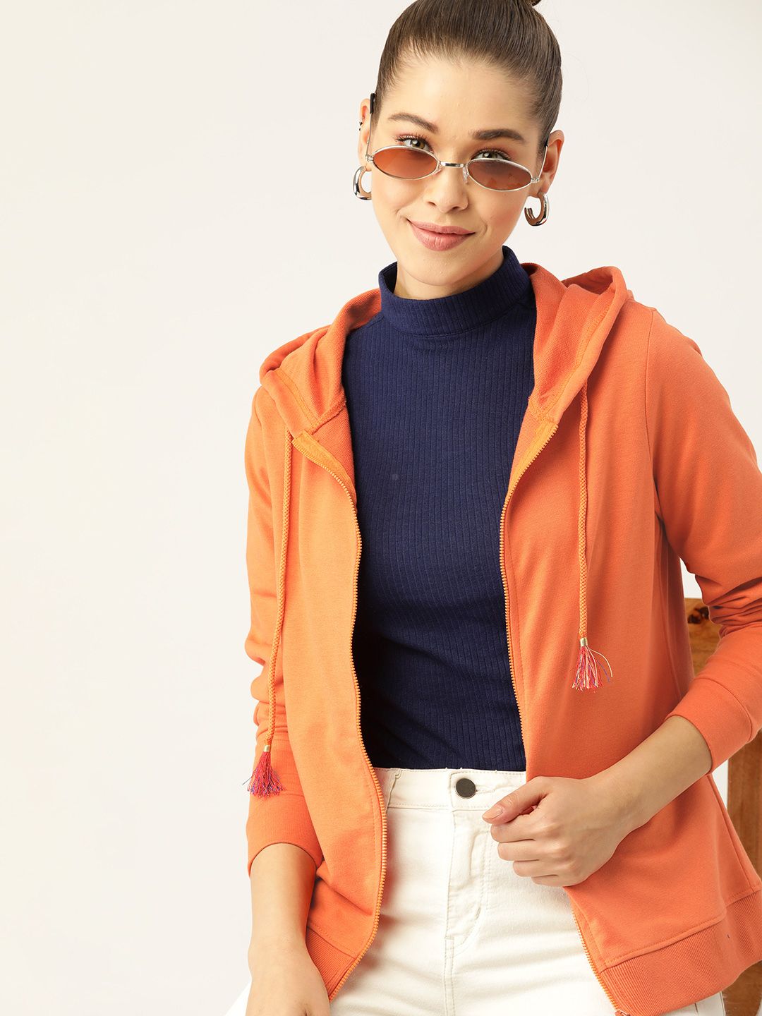 DressBerry Women Orange Solid Hooded Sweatshirt Price in India