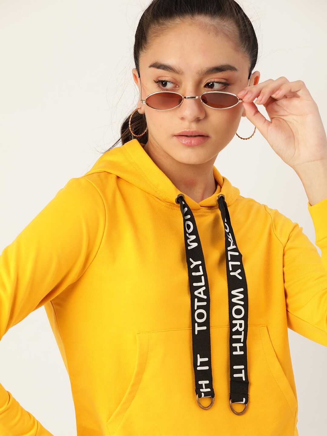 DressBerry Women Yellow Hooded Sweatshirt Price in India